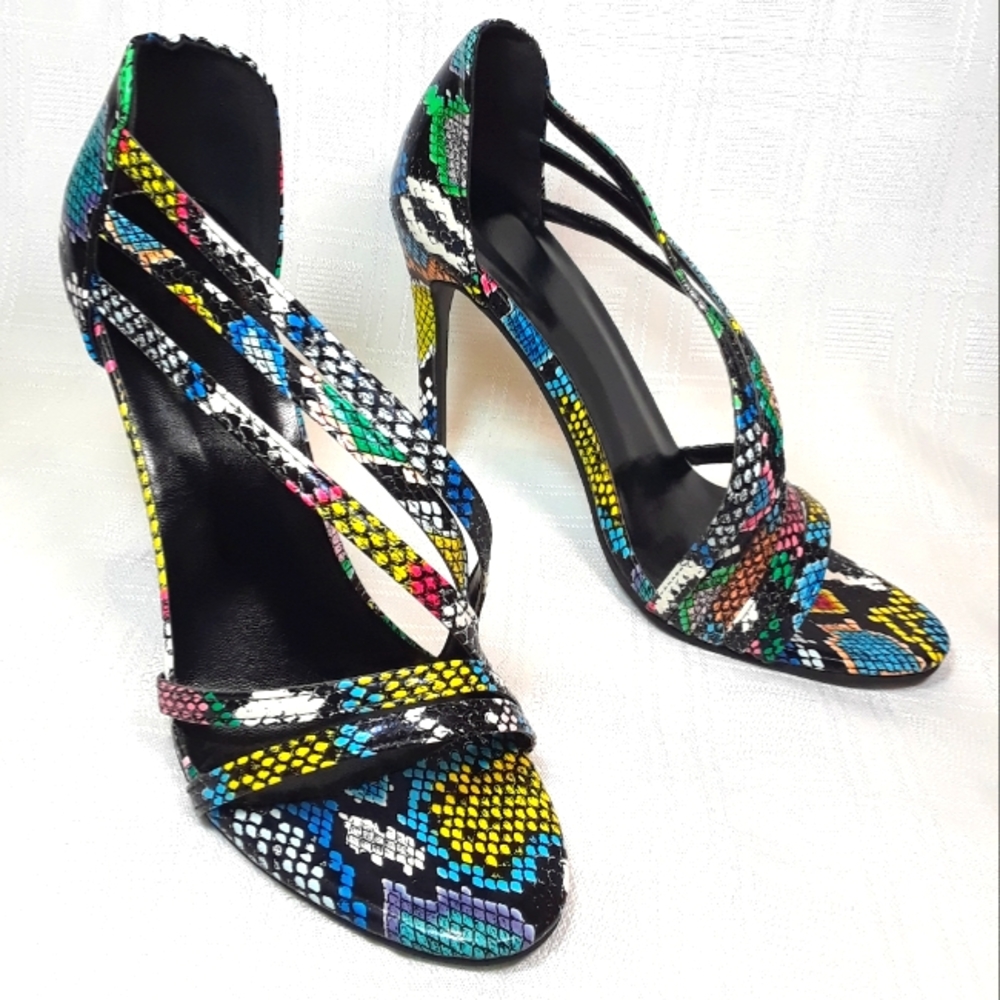 Heels Open Toe Women Shoes Rainbow Faux Snakeskin Strap Fashion Shoes Size 38 - Picture 4 of 10